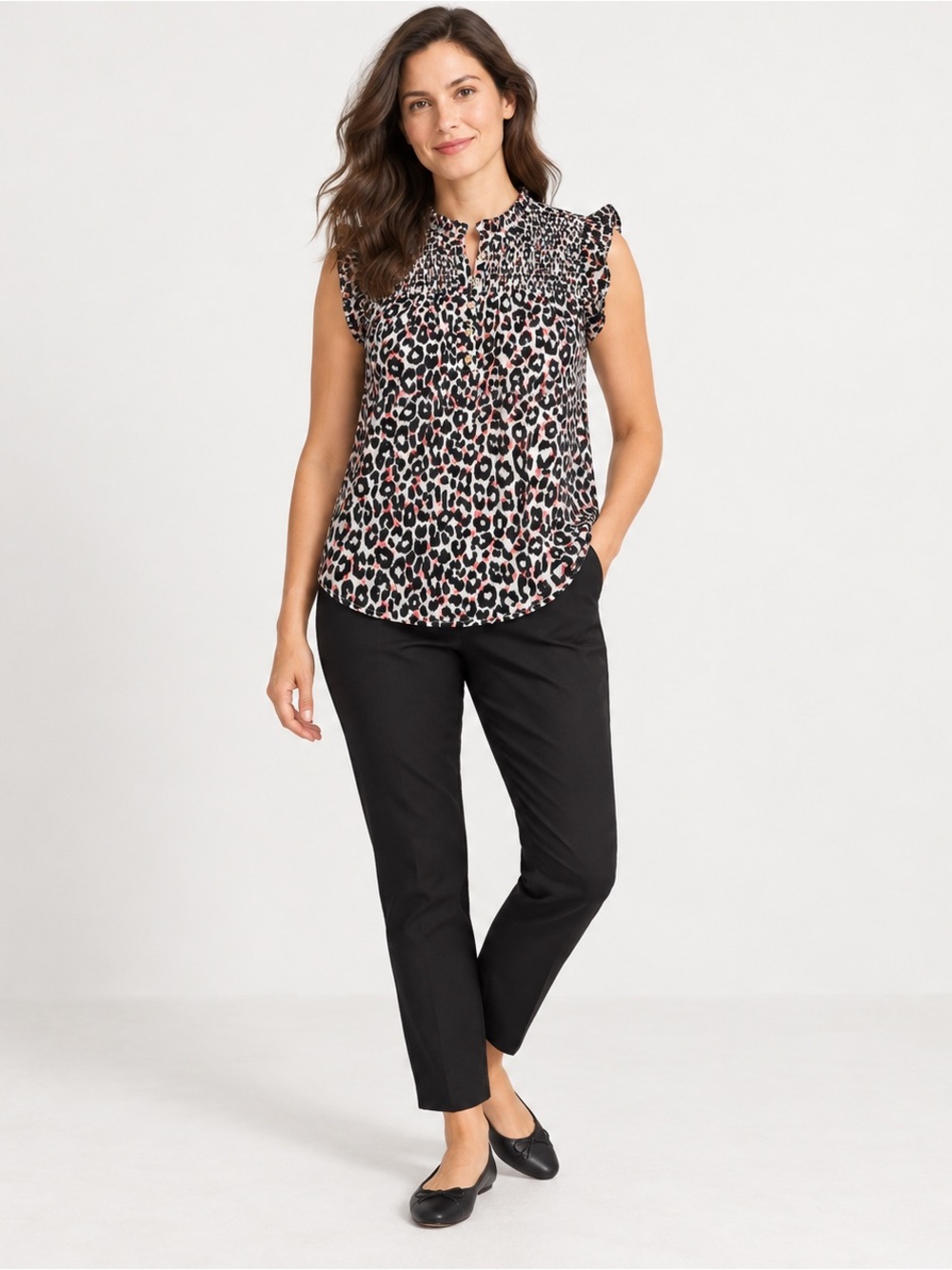 LOFT Black & Pink Leopard Smocked Sleeveless Blouse